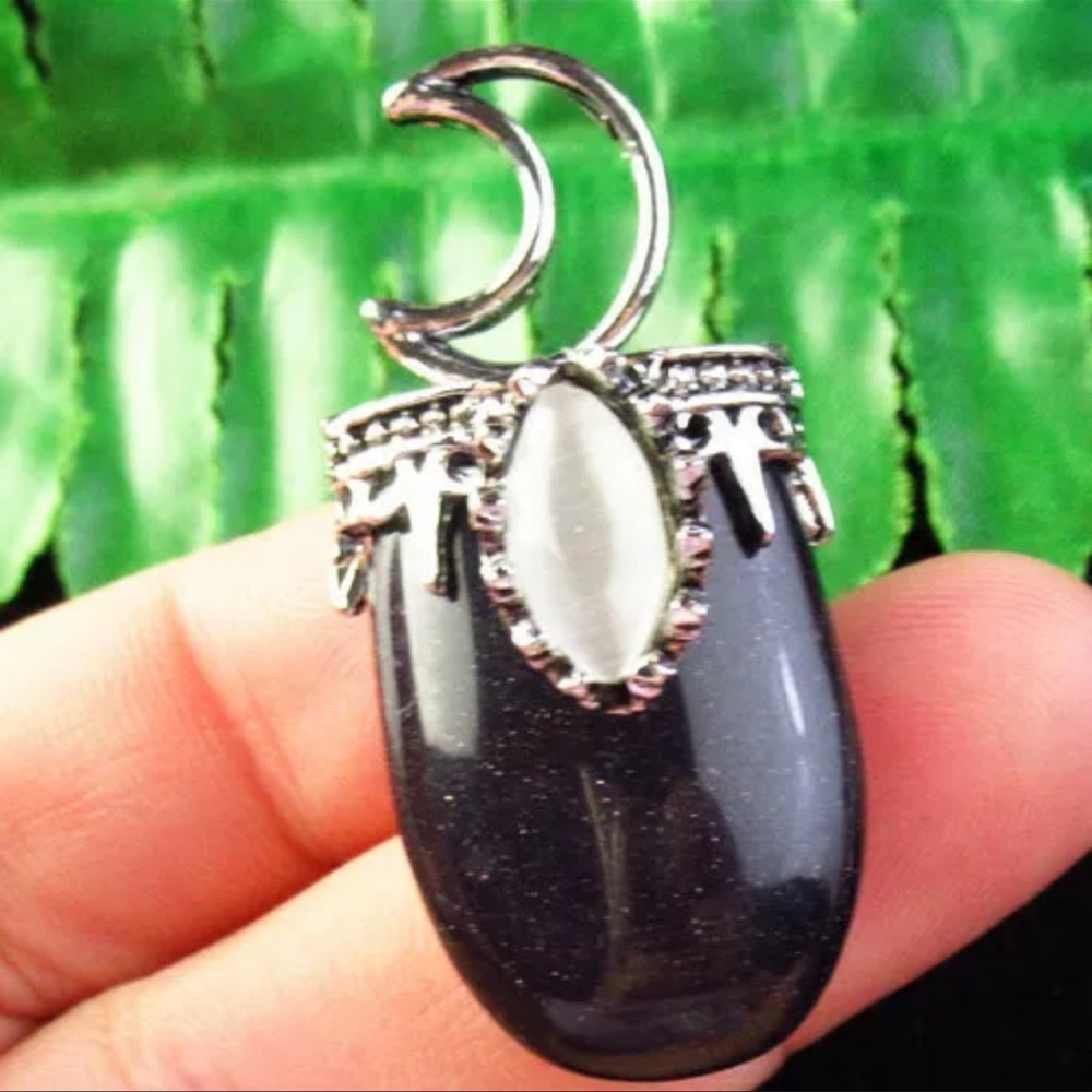 Tibetan silver crescent moon Wrapped Cat Eye Blue Sand Stone necklace